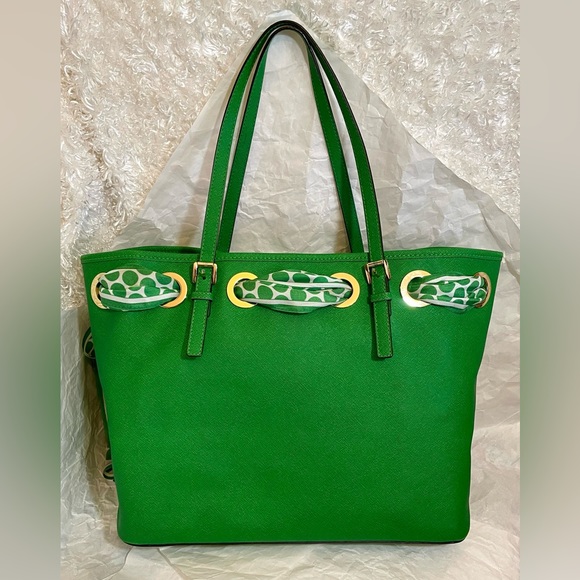 Michael KORS Genuine Leather Silk Scarf green Large Tote shoulder bag - Picture 9 of 13